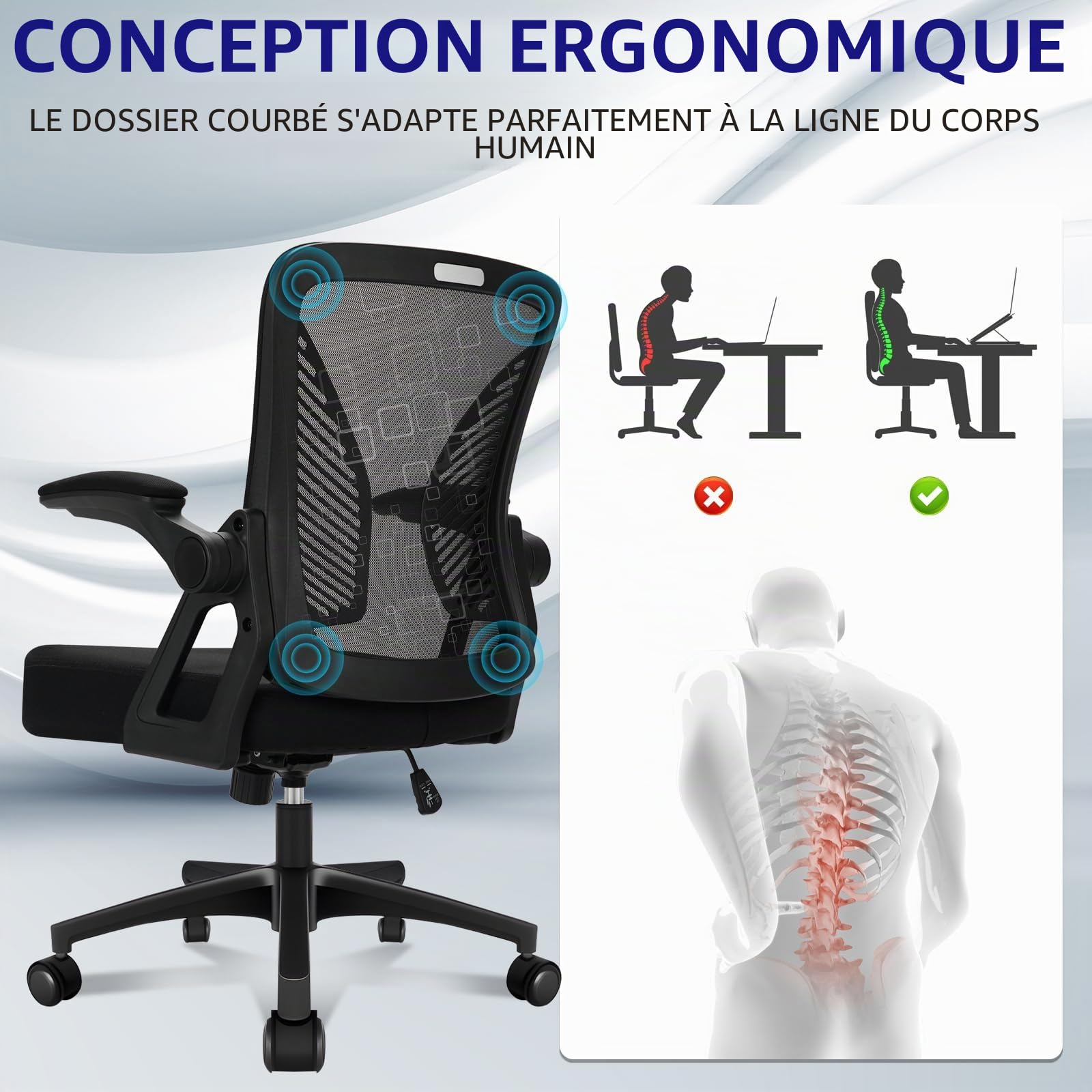 Milacyee Chaise de Bureau Ergonomique, Accoudoirs Rabattables 90°, Support Lombaire, Maille Respirante, 120° Inclinaison（Ne Peut Pas être verrouillé）, Roues Silencieuses 360°, Charge 102kg