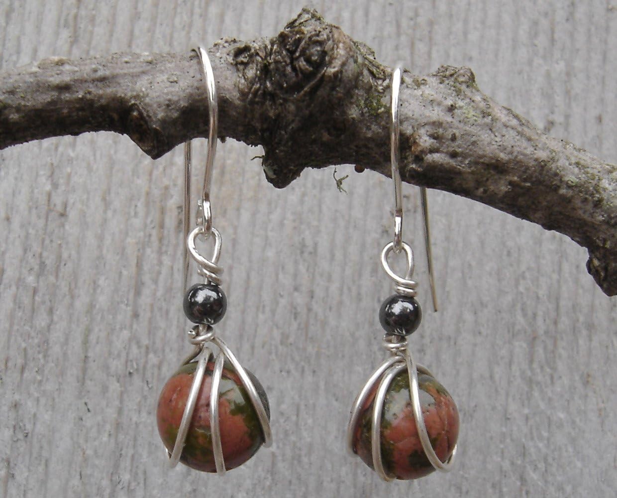 Very Small Unakite Stone Sterling Silver Dangle Earrings Handmade in Oregon USA