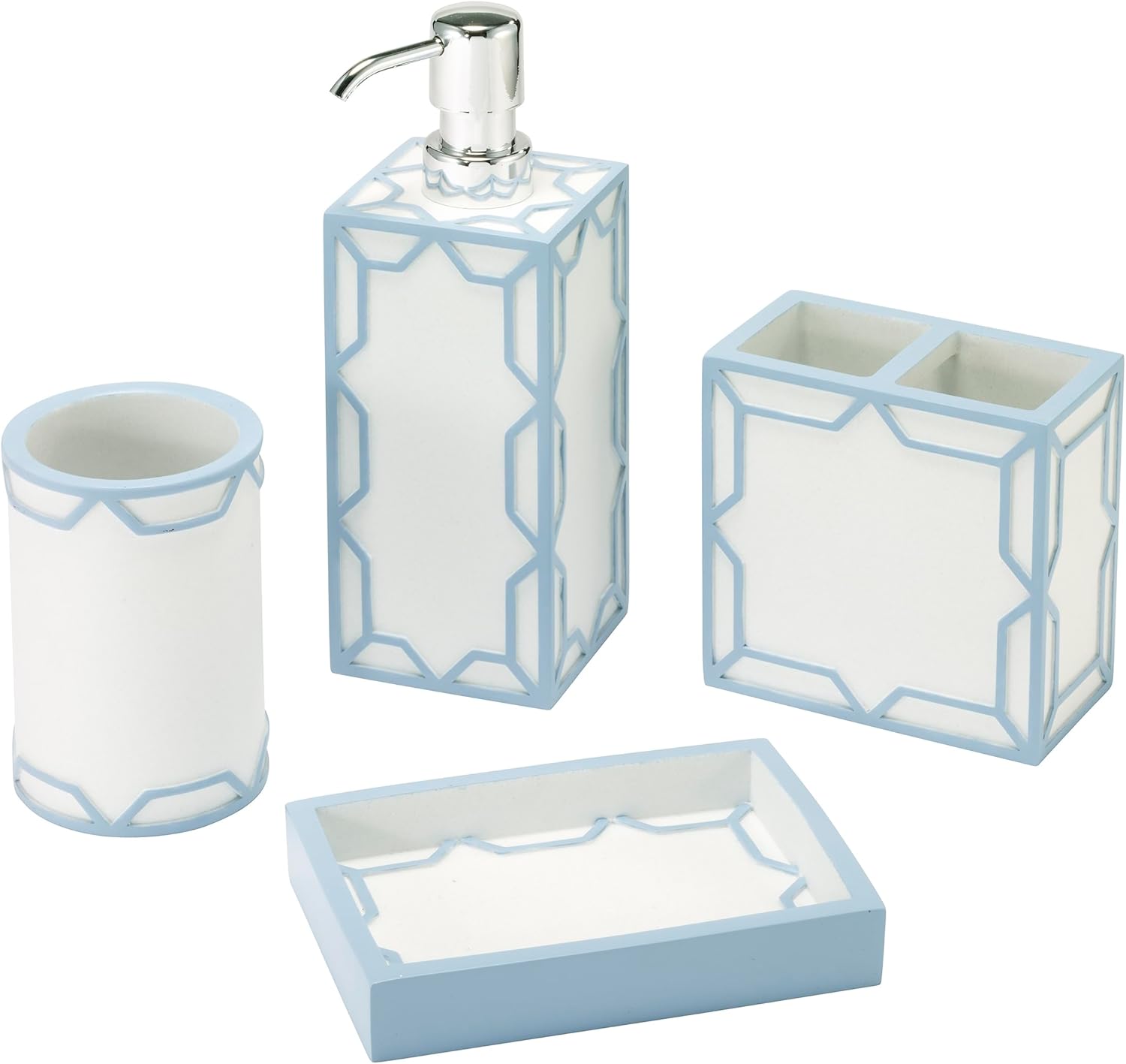 Izod – Bathroom Accessory Set, Hand-Painted Sand Resin with Trellis Pattern & Sparkle Finish, Decorative Lotion Pump, Soap Dish, Toothbrush Holder & Tumbler (Trellis)