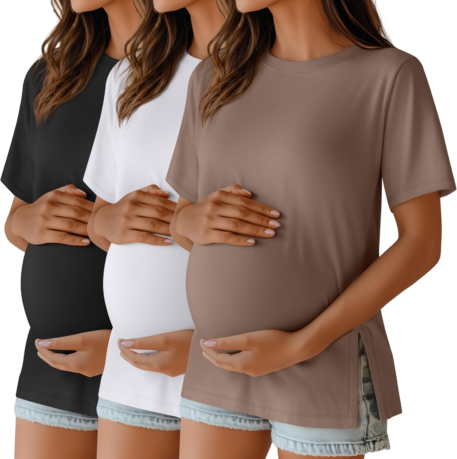 Ficerd 3 Pack Women's Maternity T Shirts, Short Sleeve Side Split Pregnancy Tops Casual Crew Neck Pregnant Tees Mama Clothes