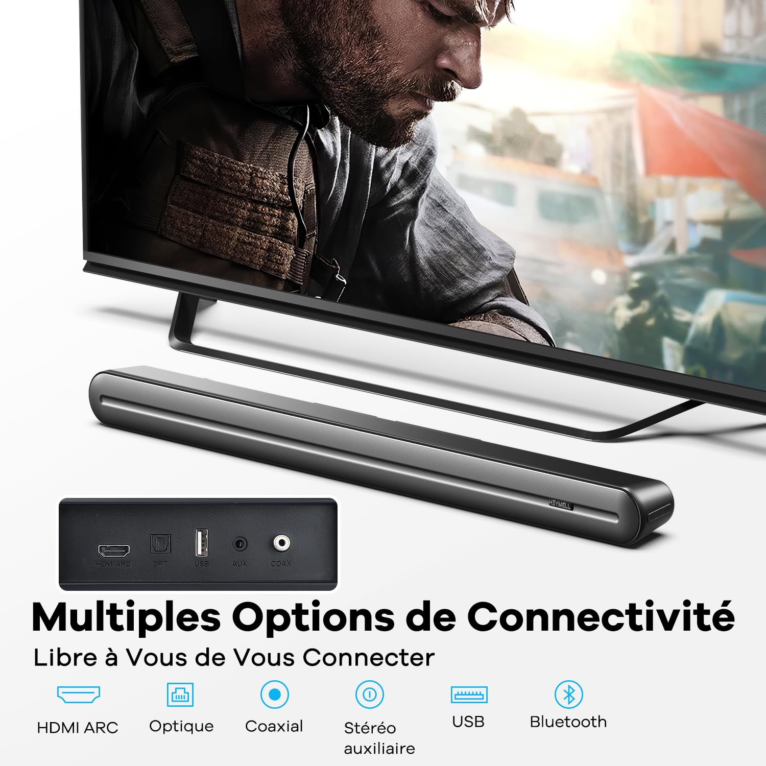 150W 91cm Barre de Son Caisson de Basse Intégré 6 Haut-parleurs, Clear Voice Bar de Son TV 32 à 55 Pouces, HDMI Arc (Puce dédiée) Optique AUX Support Mural.