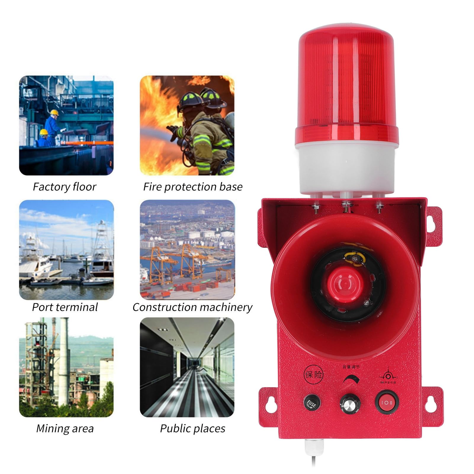 Luz de Advertencia LED Impermeable para Minas y fábricas - Alarma de luz de Sonido Industrial y Sirena estroboscópica de Emergencia de Alta Potencia - Volumen Ajustable de 130 dB (CC 24 V)