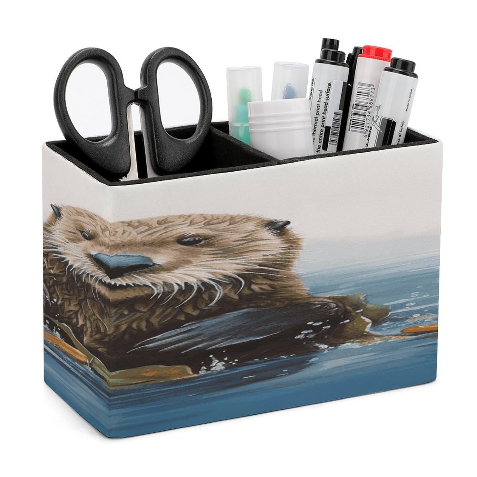 LDGSUPH Sea Otter Leather Pen Holder for Desk Organizer Caddy Large Pencil Cup Multi-function Pencil Holder Makeup Brush Holders Pen Organizer for Home Office Storage Box