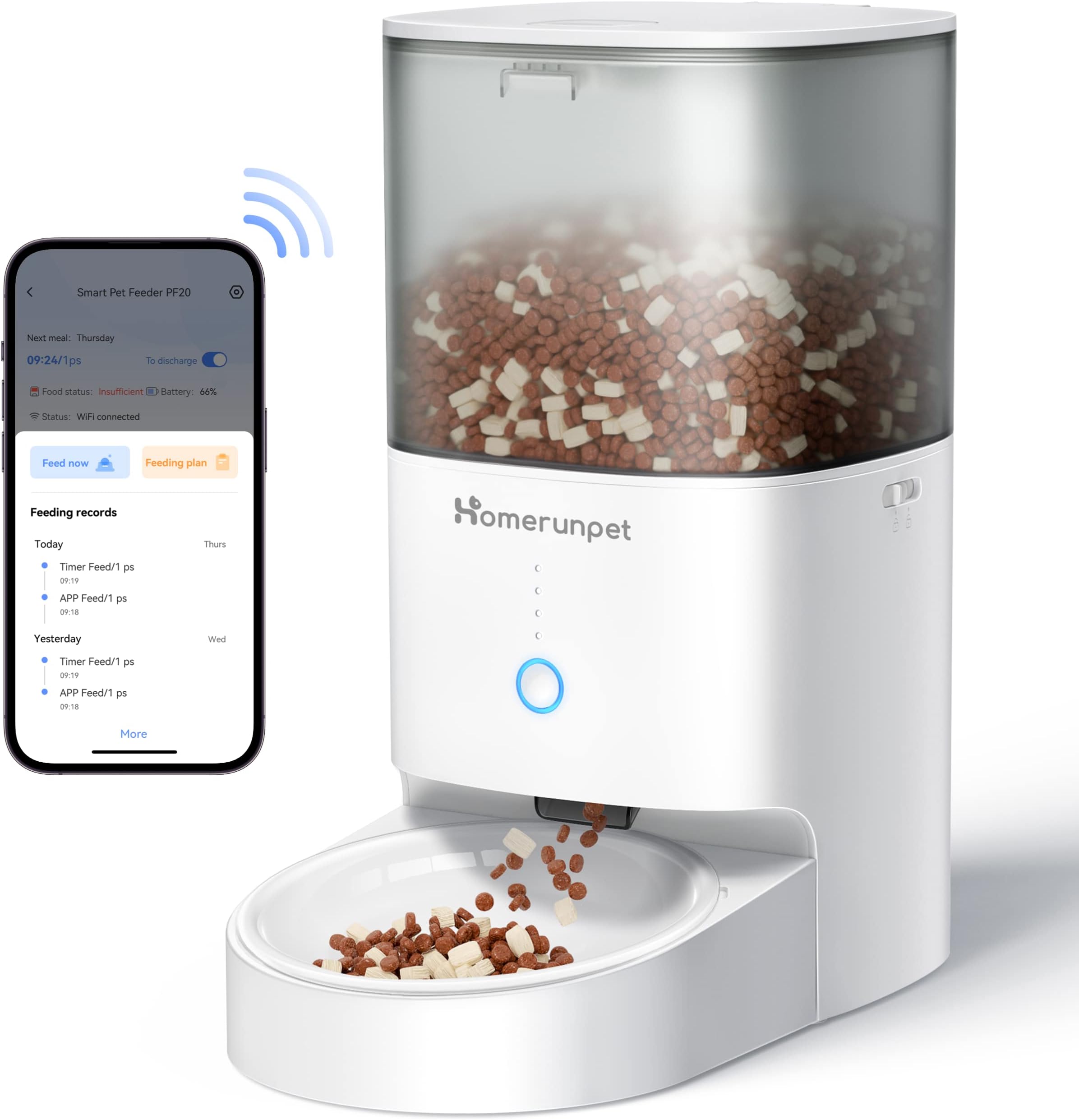 Homerunpet Smart Automatic Cat Feeder - WiFi & Bluetooth, Custom Timed Feeding, 30-Day Freshness for Dry Food, 1-20 Portions per Meal, Porcelain Bowl