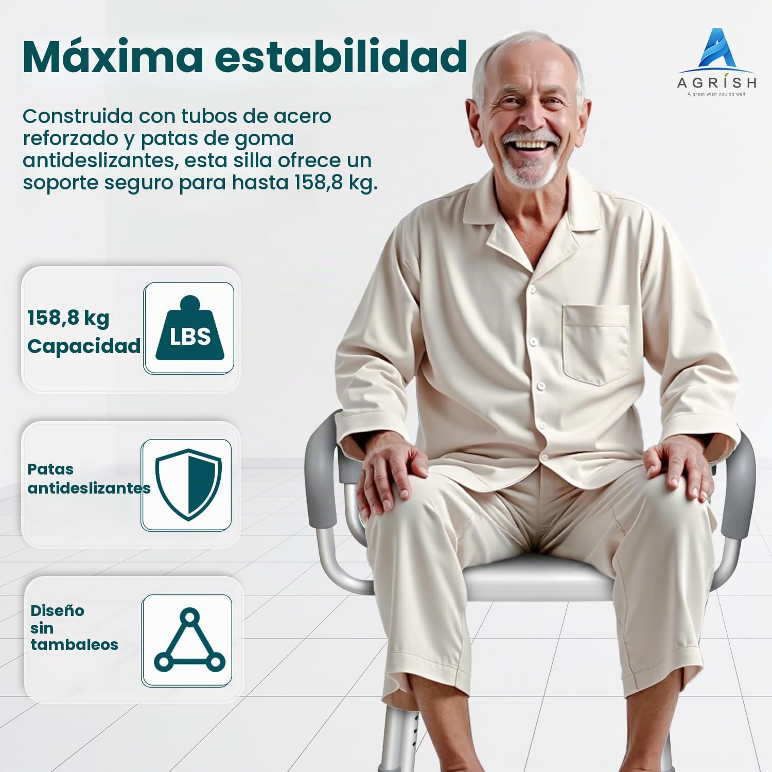 Agrish Silla de Ducha con Reposabrazos Desmontables y Altura Regulable | Asiento reforzado con capacidad de 159 kg y patas antideslizantes; ideal para mayores y personas con movilidad reducida.