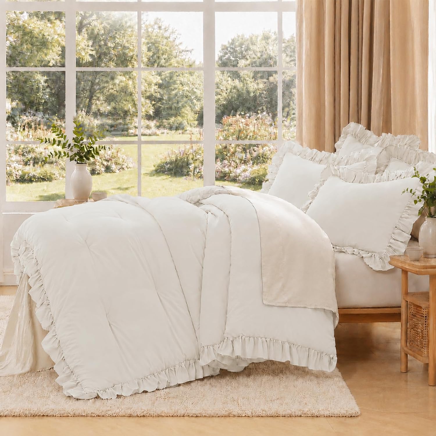 Queen Comforter Set 3 Pieces Beige Ruffle Bedding Set