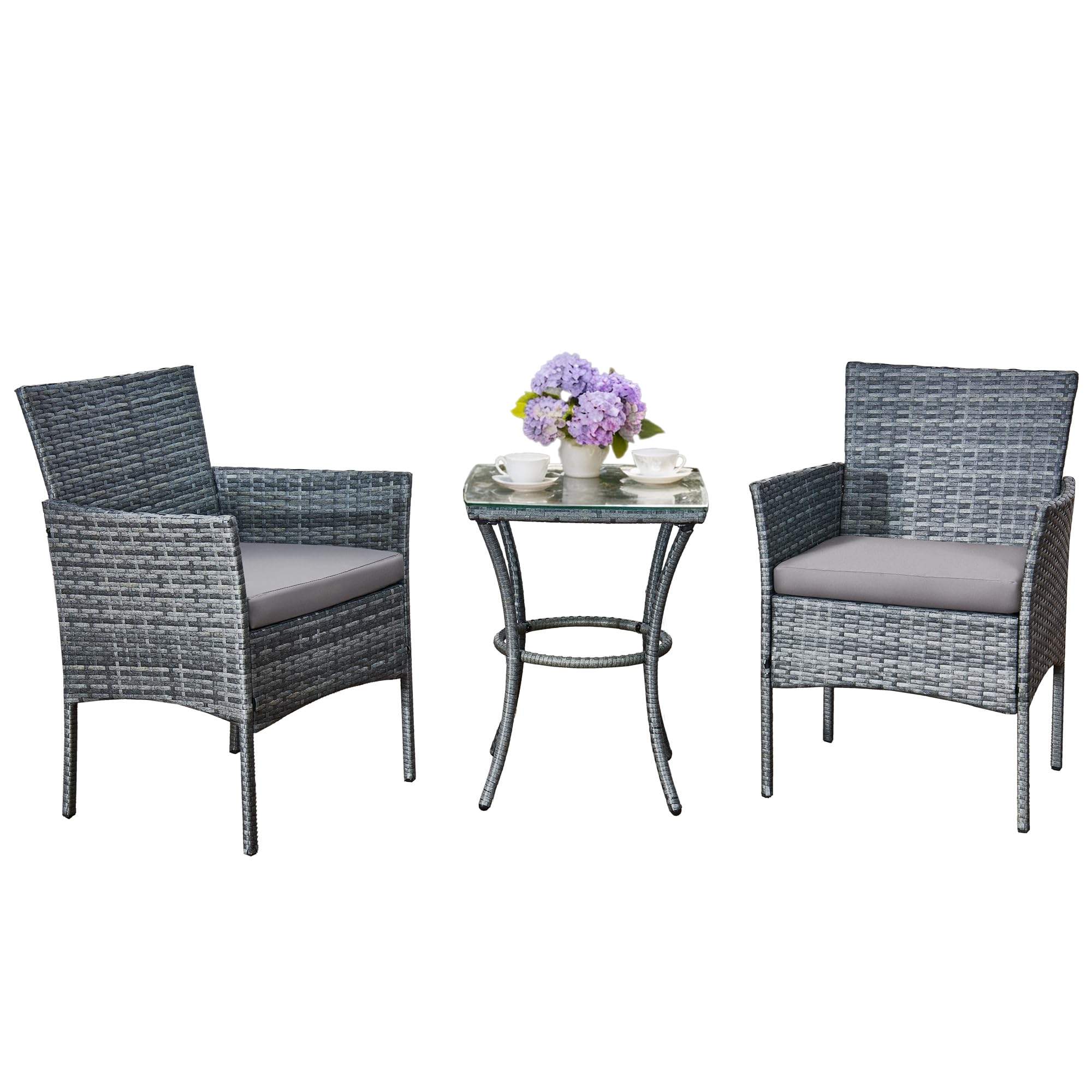 Yaangagpe 3 Piece Grey Rattan Bistro Set, Garden Furniture with 1 Coffee Table, 2 Single Rattan Chairs & Removable Cushions for Balcony, Backyard, Porch & Conservatory โ image 1
