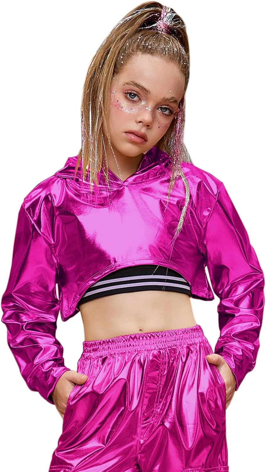 Perfashion Girls Long Sleeve Metallic Crop Tops Hip Hop Dance Hoodie Cropped Sweatshirt 4-13Y