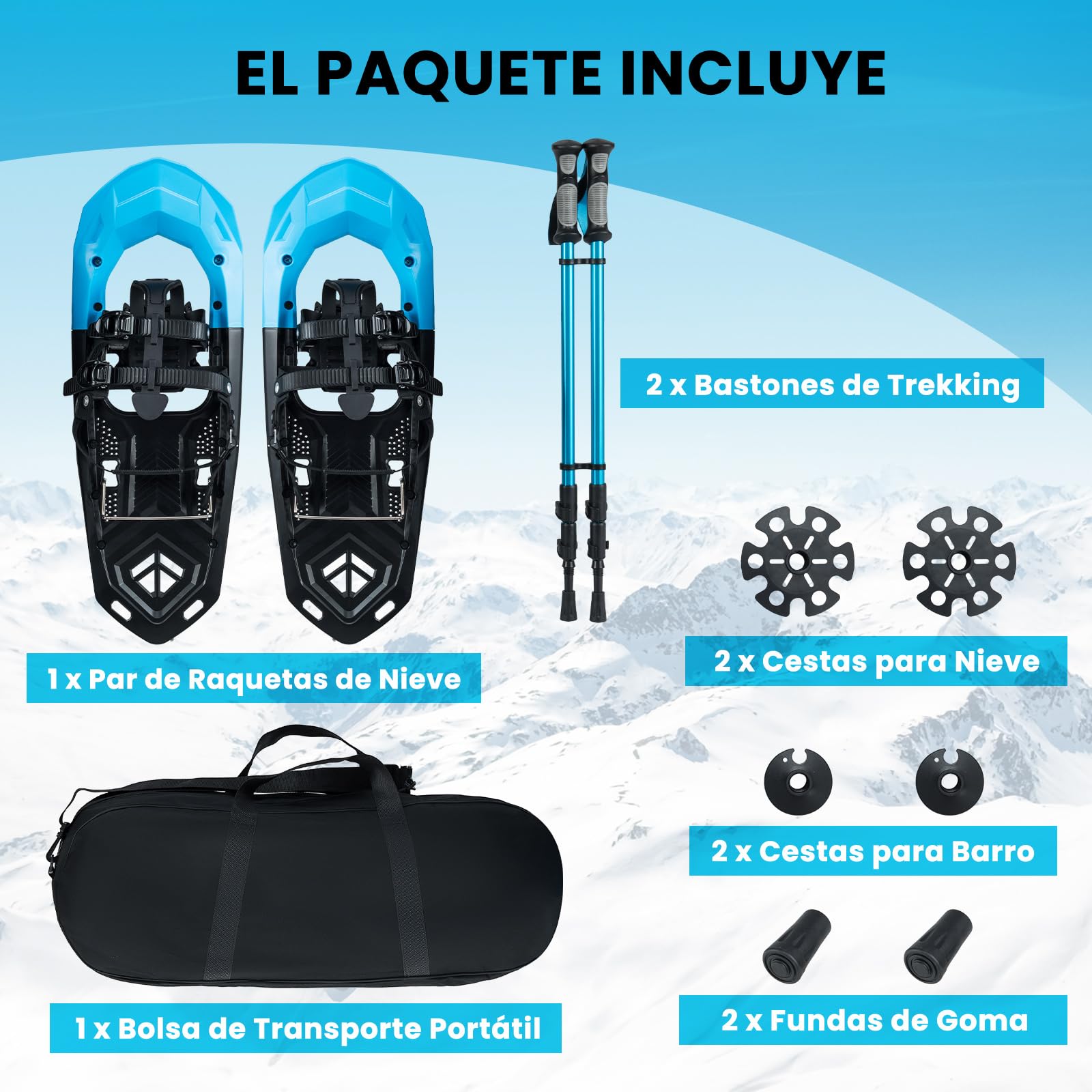 COSTWAY Juego de Raquetas Nieve Ligero de Alumnio de 62 cm y Bastones de Trekking para Unisex Adulto y Niño, Carga de 90 kg, con Cierres de Trinquete Ajustables, Puntera, Barra Pivote Flexible, Azul