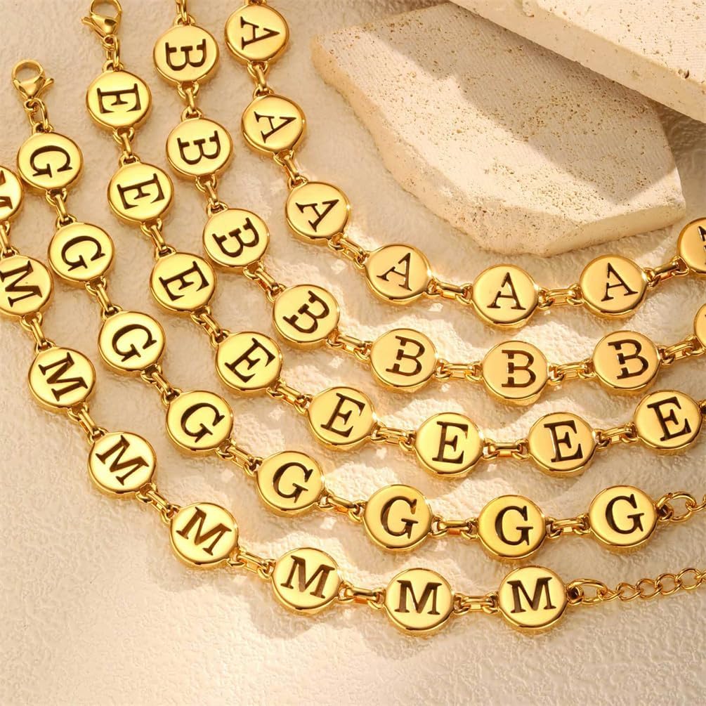 PAURO Unisex Stainless Steel 26 Initial Letter Link Bracelet Round Coin Hollow Sign Gold Plated Chain Wristhand Jewelry