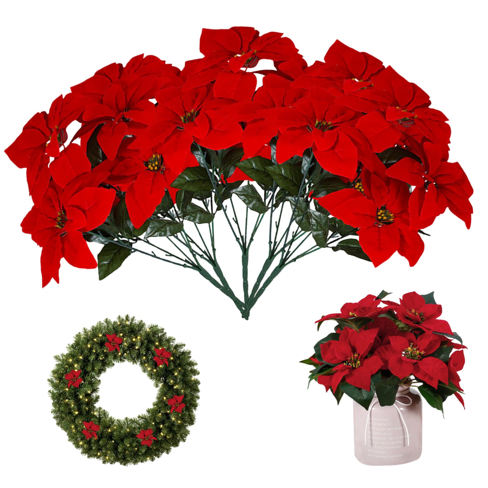 Fleurs artificielles poinsettia en soie rouge réaliste pour grand vase de Noël