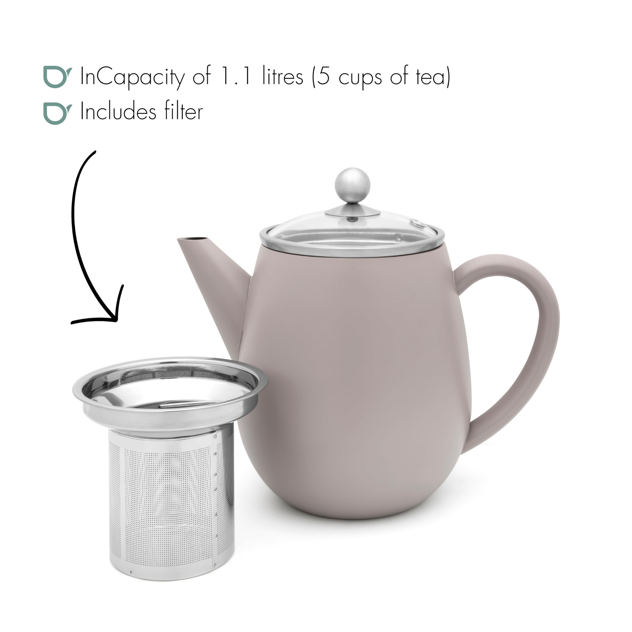 Bredemeijer - Théière double paroi Eva - 1,1 litre - Gris béton - Avec filtre