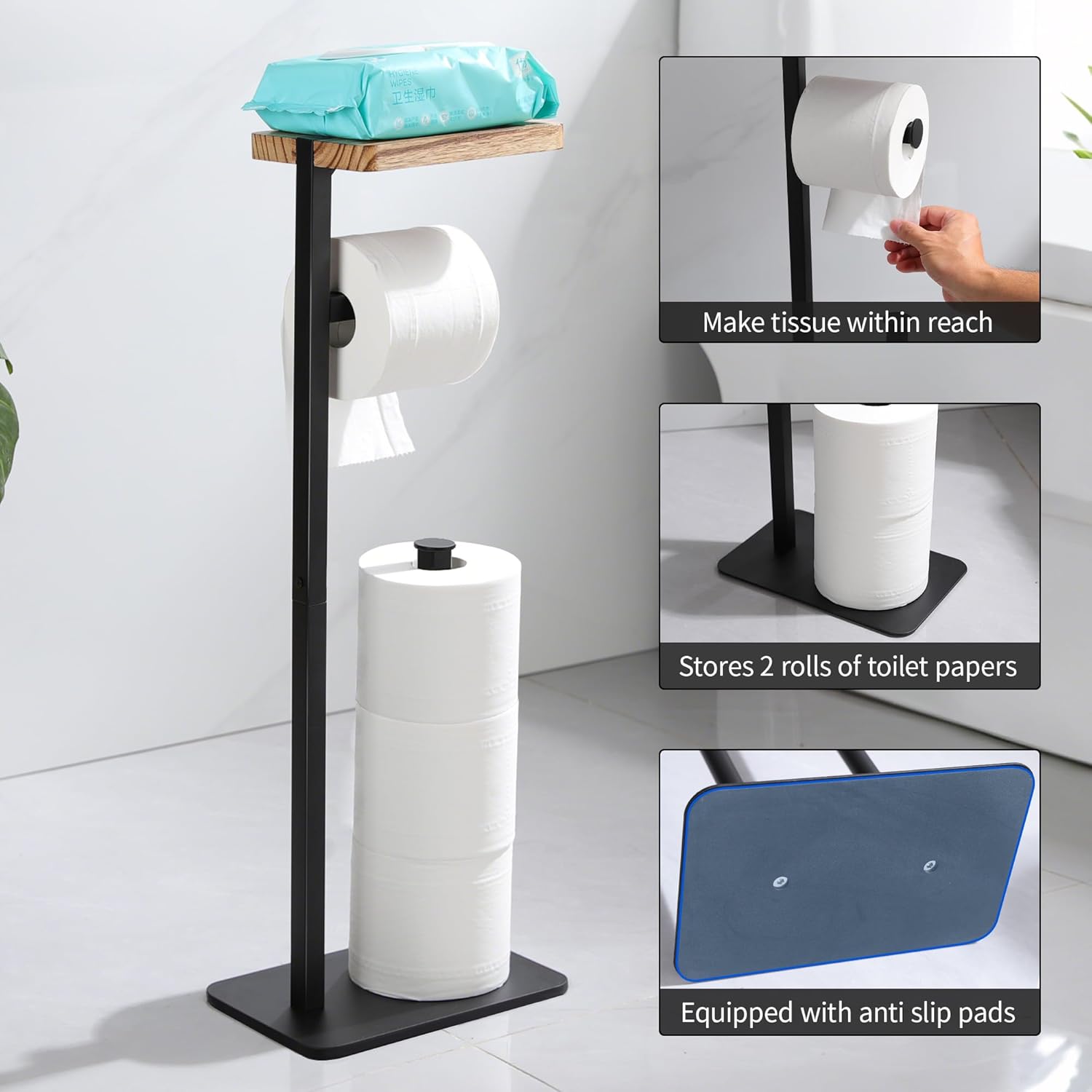 YIGII Toilet Roll Holder Stand with Shelf-Rustproof Metal Toilet Paper Stand for 3 Rolls with Anti-Slip Base and Wood Shelf for Phone or Small Items, Bathroom Organizer and Storage, Black