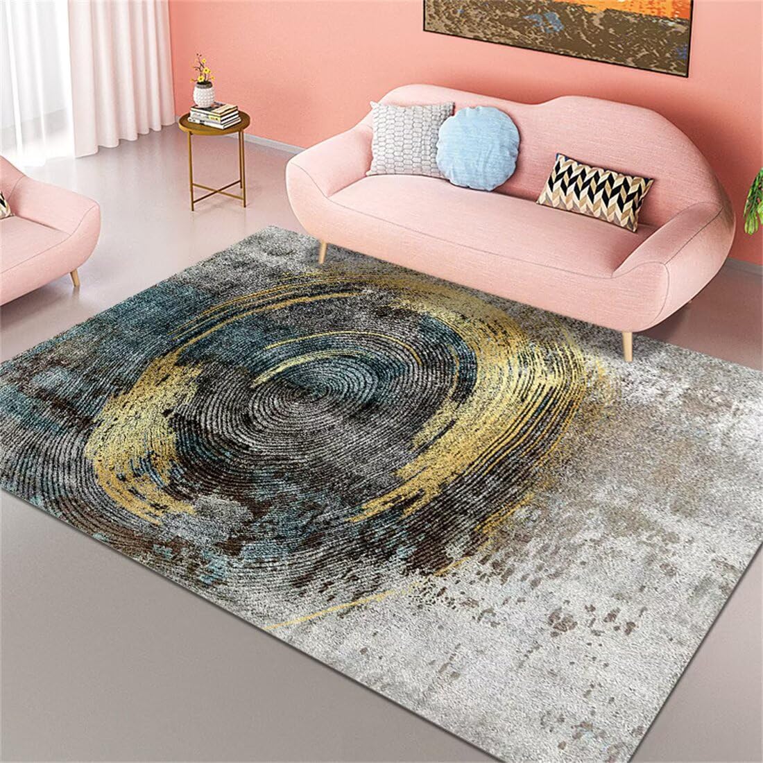 Tapis paillasson intérieur 100x160cm bleu gris à rayures jaunes pour salon
