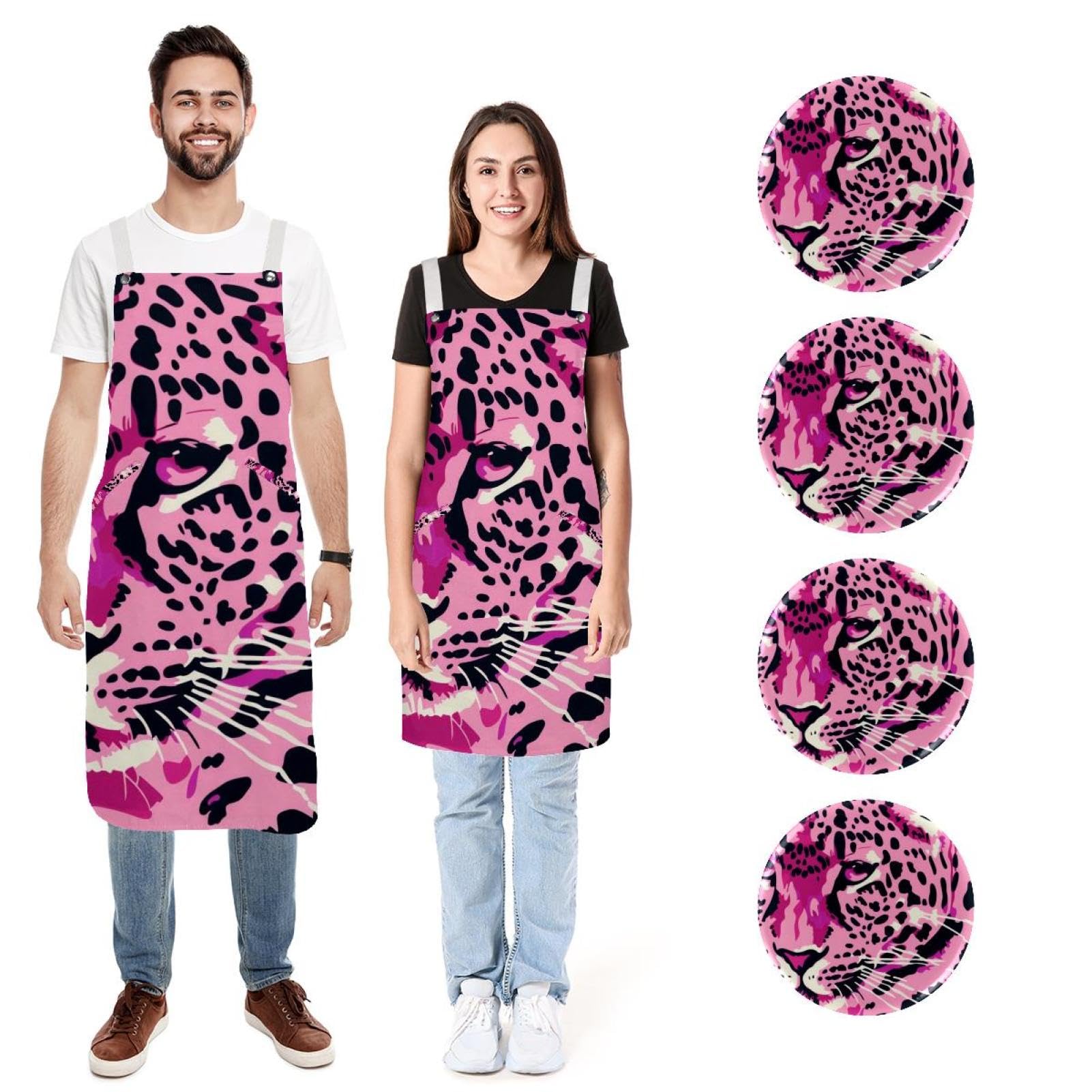 Tablier cuisine lin rose imprimé léopard réglable pour couple - 7