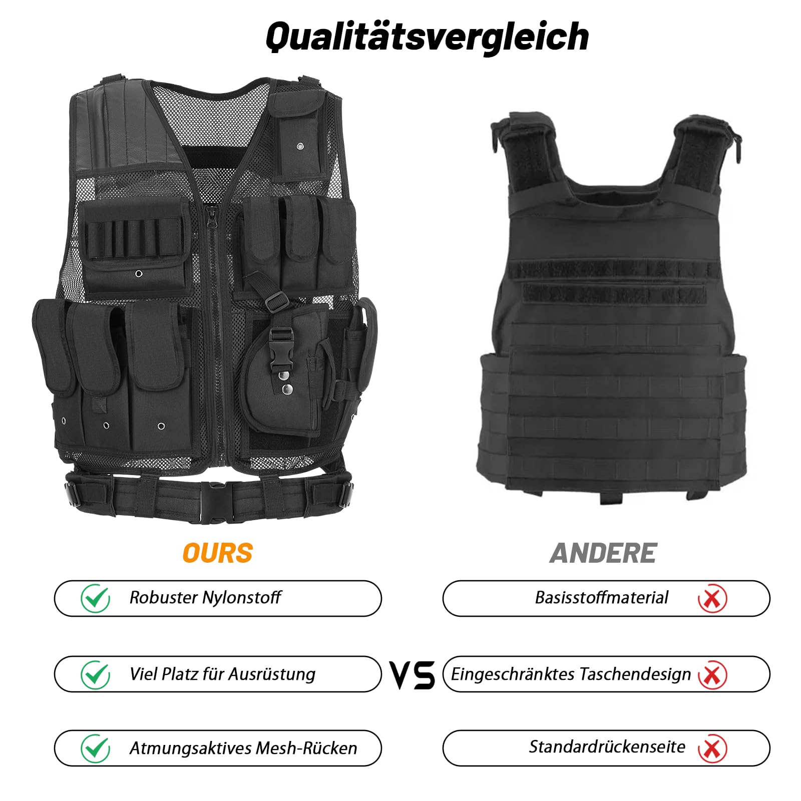 2Stück Taktische Weste Herren mit Taschen, Verstellbarem Hüftgurt | Atmungsaktiv und Strapazierfähig Tactical Weste für Outdoor, Angeln, Camping(Schwarz)