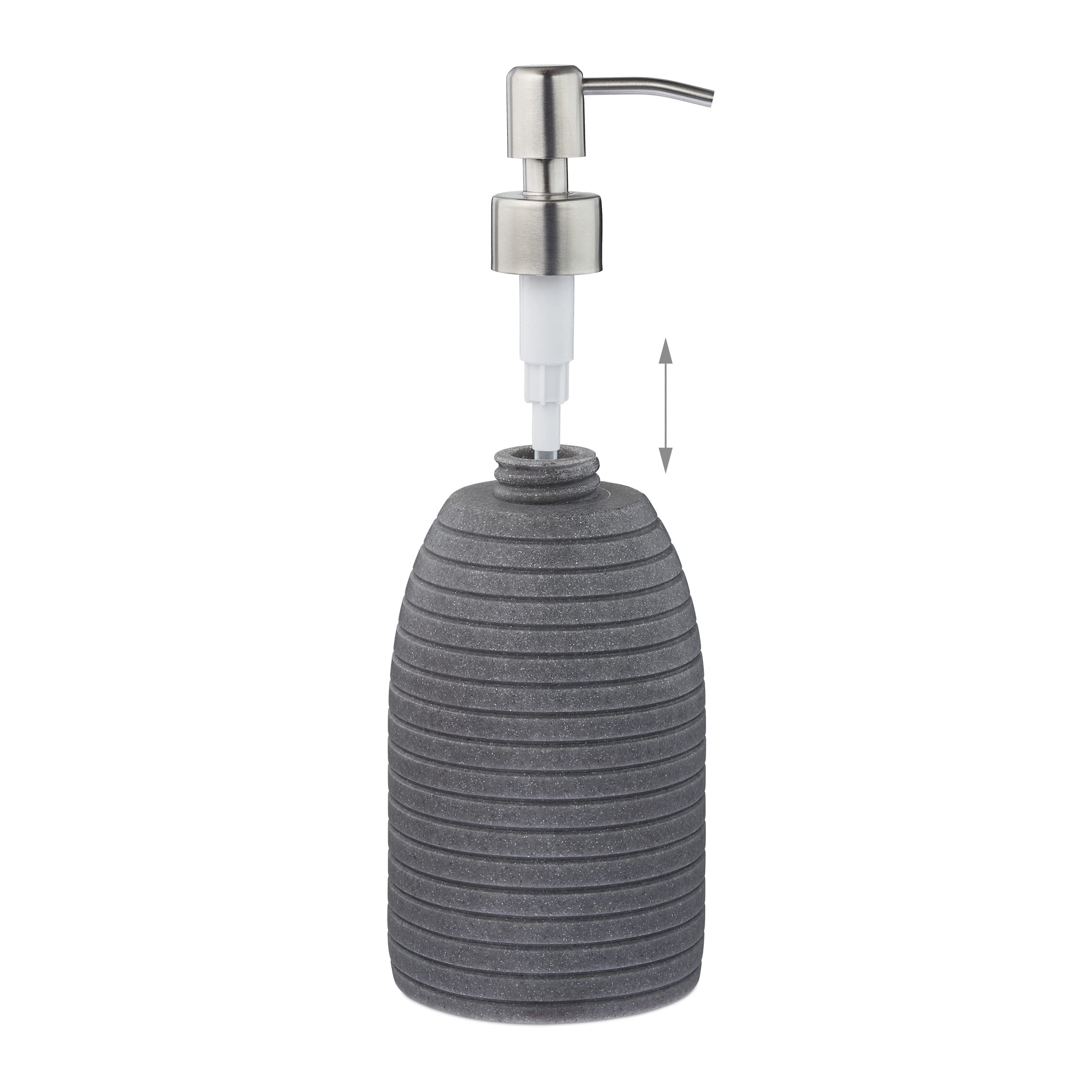 Relaxdays Dozownik mydła, 300 ml, do wielokrotnego napełniania, łazienka, WC, kuchnia, dozownik mydła w płynie, żywica poliestrowa, pompa ze stali nierdzewnej, szary