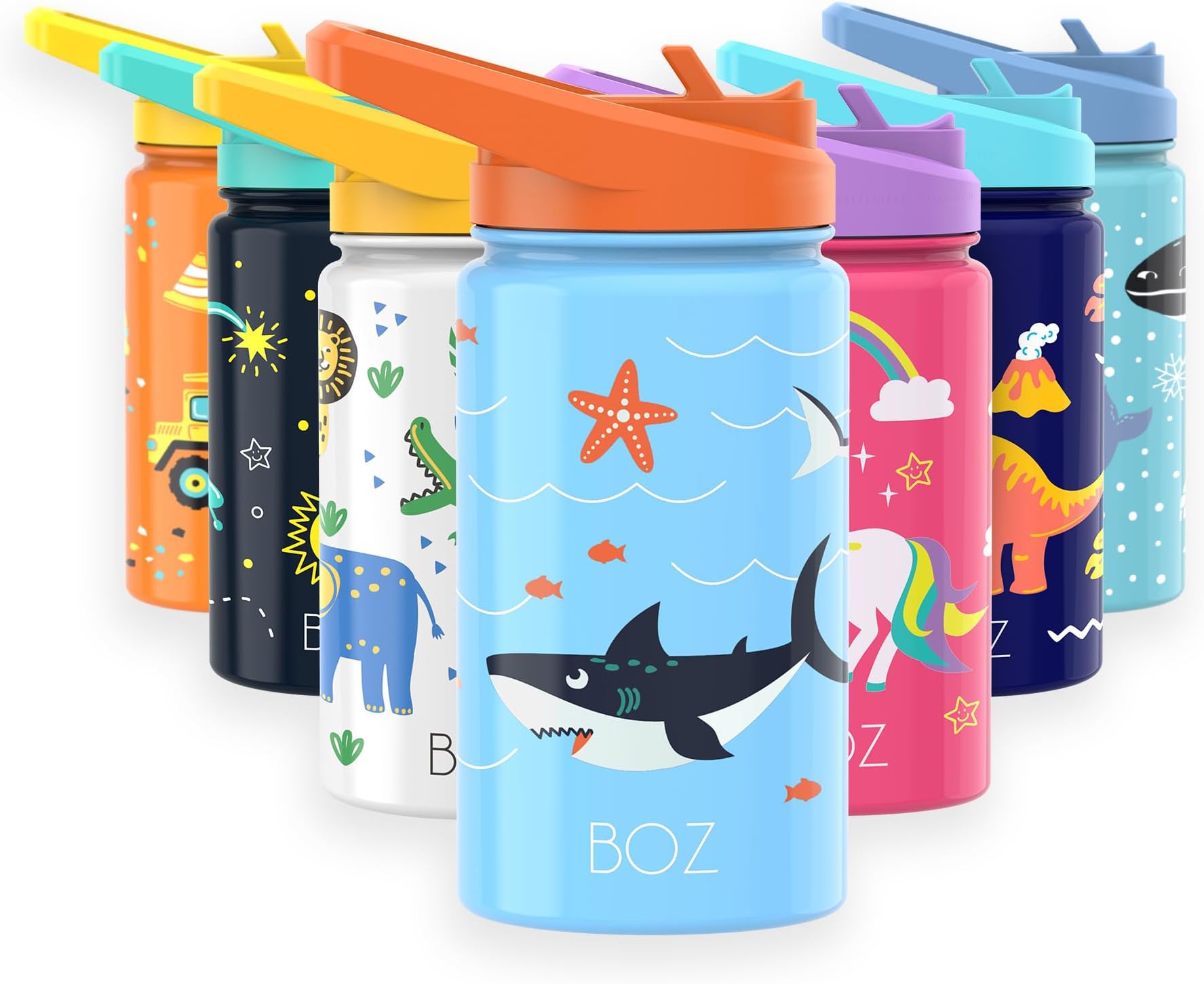 BOZ Kids Water Bottle for School with Straw Lid, Stainless Steel Insulated Water Bottle for Kids, Toddler Water Bottle, Leak Proof Water Bottle for Kids and Toddlers, 14 oz (414ml) (Shark)