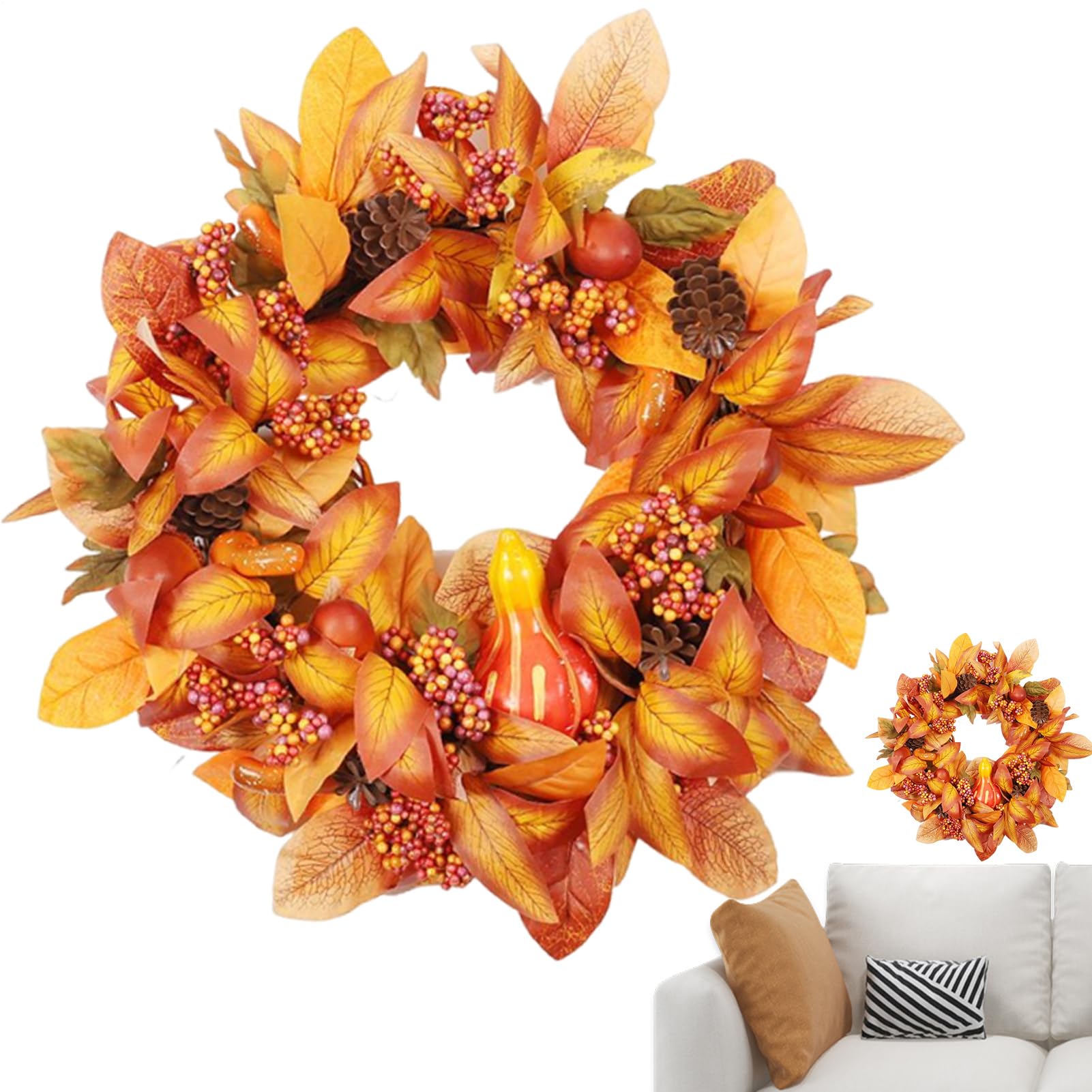 Couronne d'automne haut de gamme de 50 cm aux feuillages d'érable et baies denses