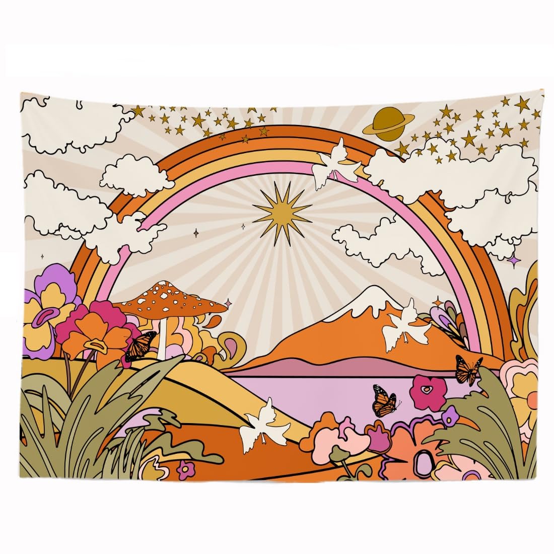Ulticool - Tapestry Decoration for Home - Rainbow Retro Vintage Universe - 200 x 150 cm - Wall Hanging - Accessories for Bedroom Living Room - Beige Orange Purple