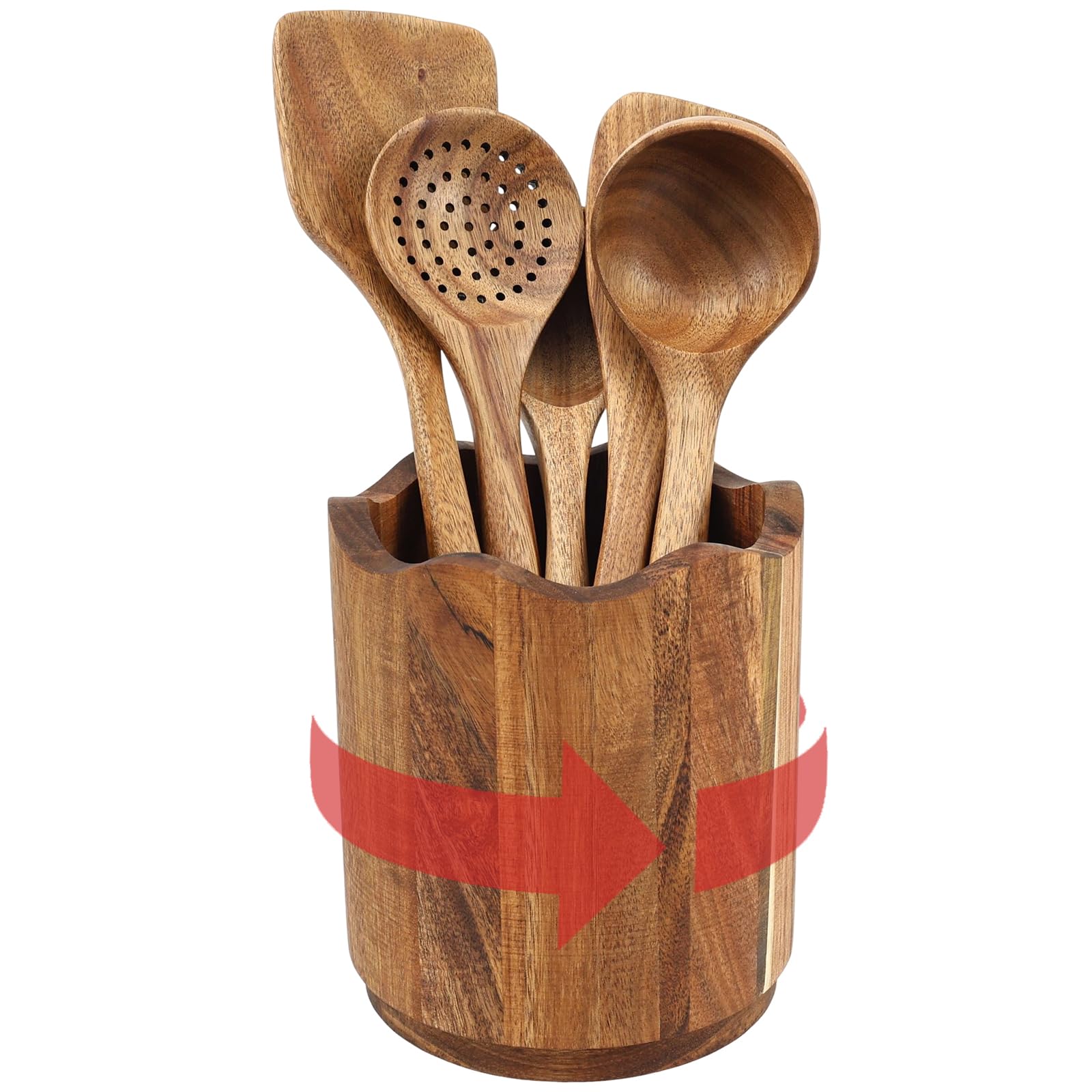 Yjqxmyu Wood Acacia Utensil Holder, 360° Rotating Cooking Utensil Crock For Countertop, Large Capacity Kitchen Cutlery Silverware Caddy, Farmhouse Kitchen Countertop Decor With Wave Edge, 17×15Cm
