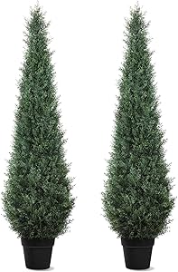 Artificial Trees for Outdoors, BUZIGUBY Artificial Cedar Topiary Trees, 5FT Topiary Trees Artificial Outdoors for Porch, Dense Arborvitae Tree for Front Door Patio Deck Balcony Yard Decor, 2 Pack