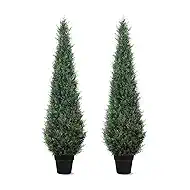 Artificial Trees for Outdoors, BUZIGUBY Artificial Cedar Topiary Trees, 5FT Topiary Trees Artificial Outdoors for Porch, Dense Arborvitae Tree for Front Door Patio Deck Balcony Yard Decor, 2 Pack
