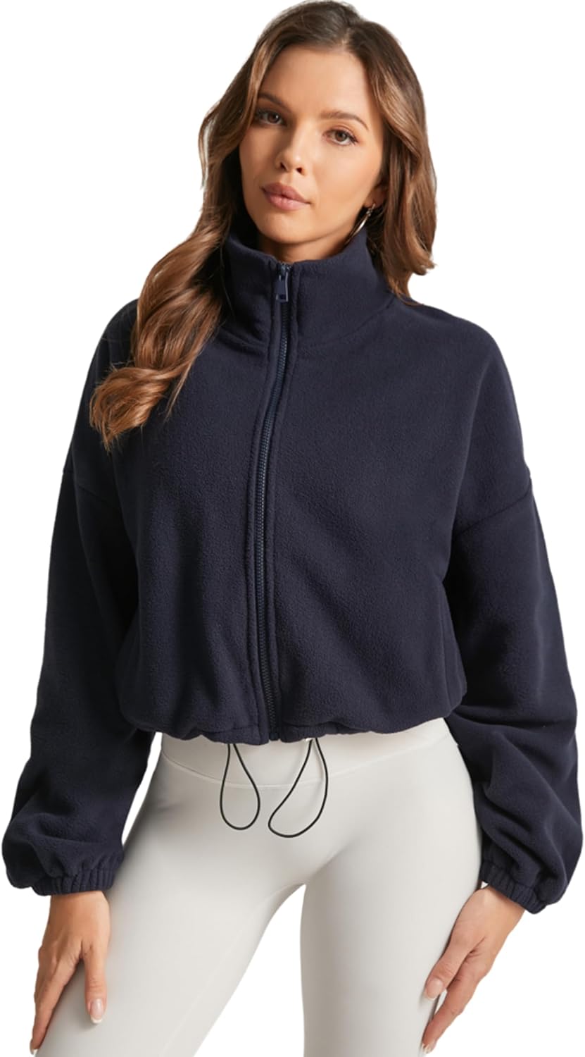 Women's Cropped Sherpa Jacket Full Zip Cozy Fleece Coat with Stand Collar & Side Pockets