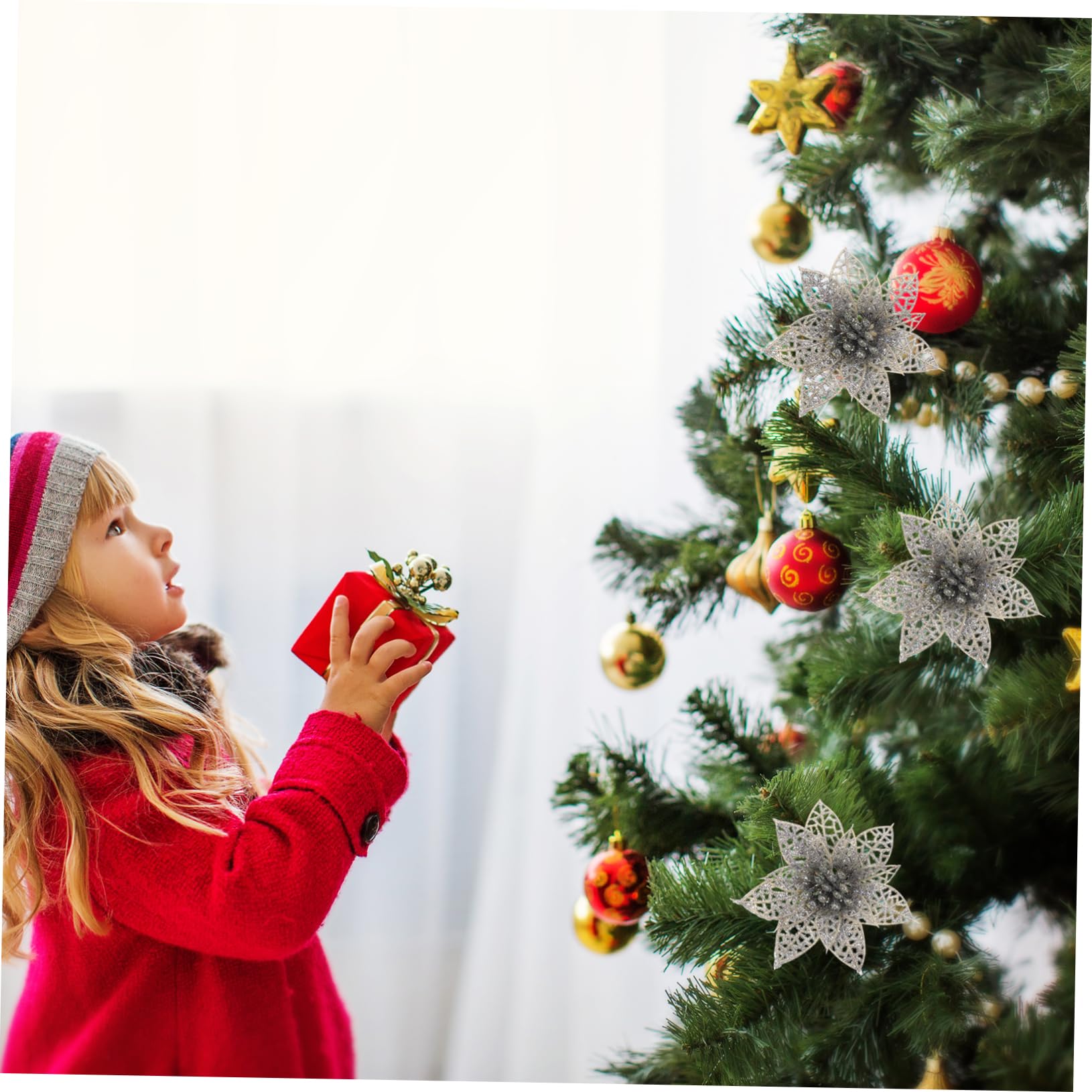 Amosfun 50 Stück Dekorative Weihnachtsgirlanden Blühen Weihnachtsbaum Dekore Weihnachtsblume Schmücken Weihnachtsblumen-Picks Kranz Stütze Plastik Dekorationszubehör Die Blumen