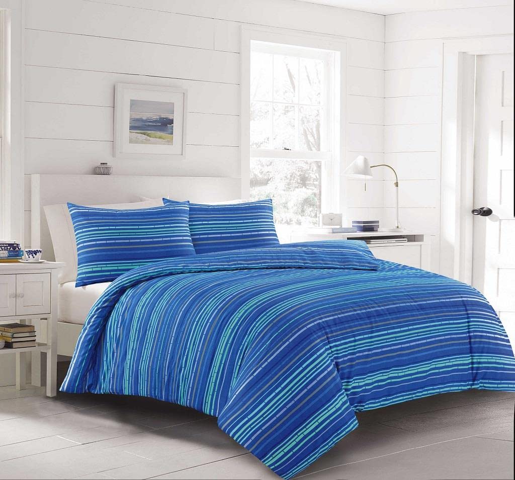 Homespace Direct Leon Blue Stripe Duvet Cover Set Bedding Modern Double
