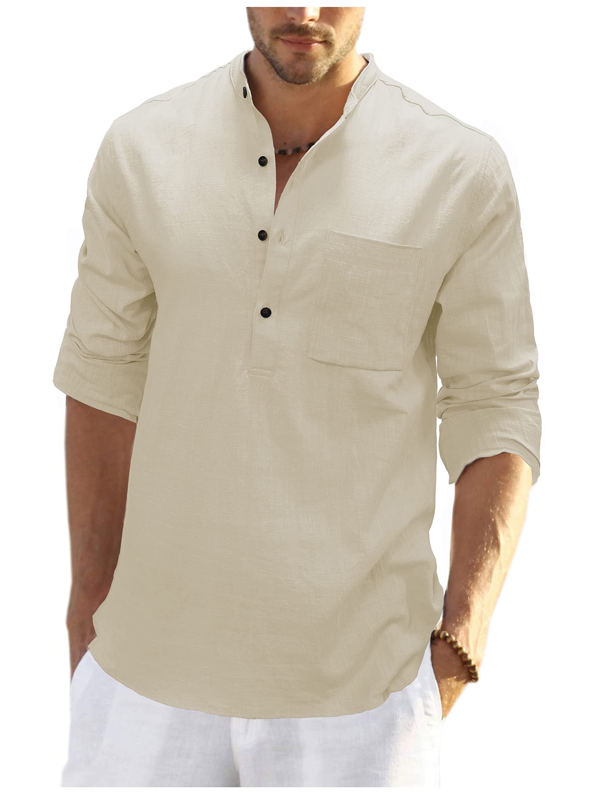 Teemie Camisa De Lino para Hombre Manga Larga Casual Henley Camisas Verano con Botónes Cuello Camiseta Transpirable Fit Camisetas Bolsillo Blusa Hippie Regular Top Informales Ocio Ligero Shirt Playa
