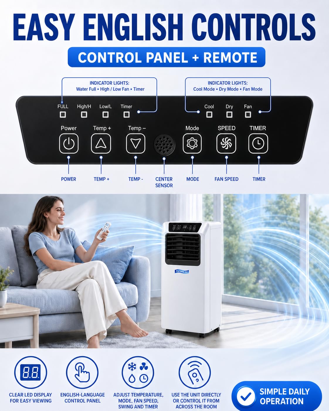Climatizzatore Portatile 7000/9000 BTU con Telecomando e Kit Finestra 9000BTU | Unità Intelligente per Casa o Ufficio, Raffredda fino a 20 m² con Funzioni Raffrescamento, Deumidificazione e Ventilazione