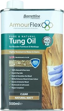 Barrettine Pure & Natural Tung Oil 500ml - Food & Toy Safe, Additive-Free Tung Oil for Wooden Furniture & Worktops, Enhances Natural Colour of Wood with a Clear Matt Finish