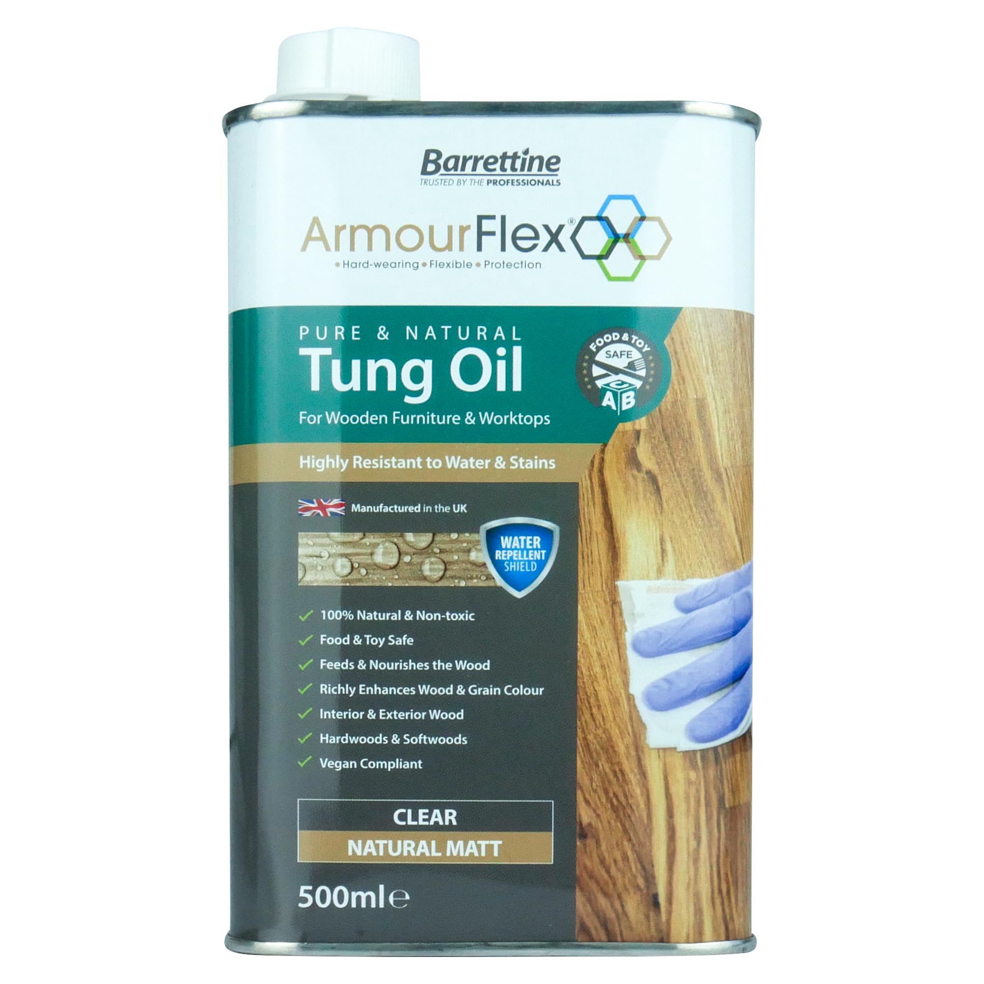 Barrettine Natural Pure & Tung Oil (500Ml) - Food & Toy Safe, Additive-Free Tung Oil For Wooden Furniture & Worktops, Enhances Colour Of Wood With A Clear Matt Finish