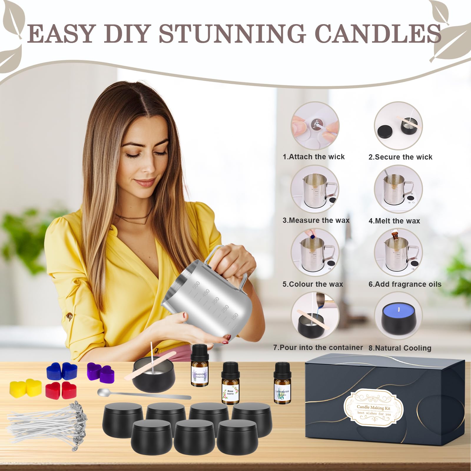 Candle Making Kit for Adults - DIY Scented Candles Making Supplies with Soy Wax,Wax Melter, Essential Oils, Color Dyes, Wicks Sticker, Candle Tins - Full Candle Making Set - Perfect Home Decoration