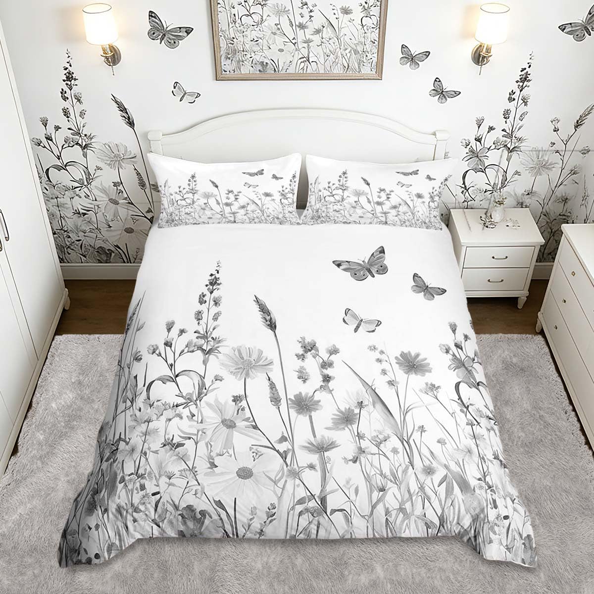 Homemissing Grey Flowers Pattern Duvet Cover Set King Size for Girls Adults Women Kids Butterflies Print Bedding Set Garden Flower Comforter Cover with 2 Pillowcases Nature Theme Zipper