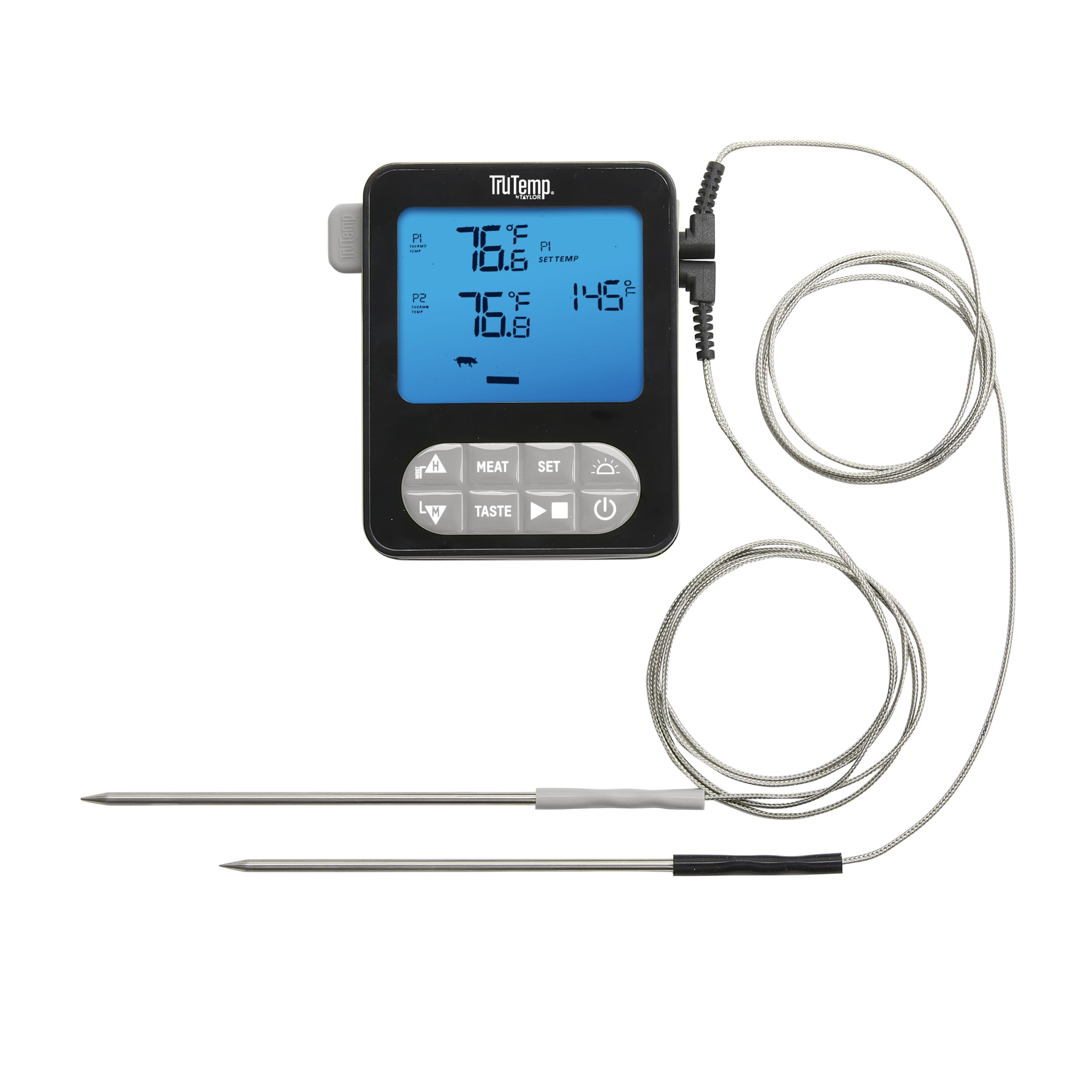 Taylor TruTemp Termómetro programable para carne y alimentos con cable de doble sonda, digital, monitor de dos platos, hornear, asar, fácil de usar, retroiluminado, gris