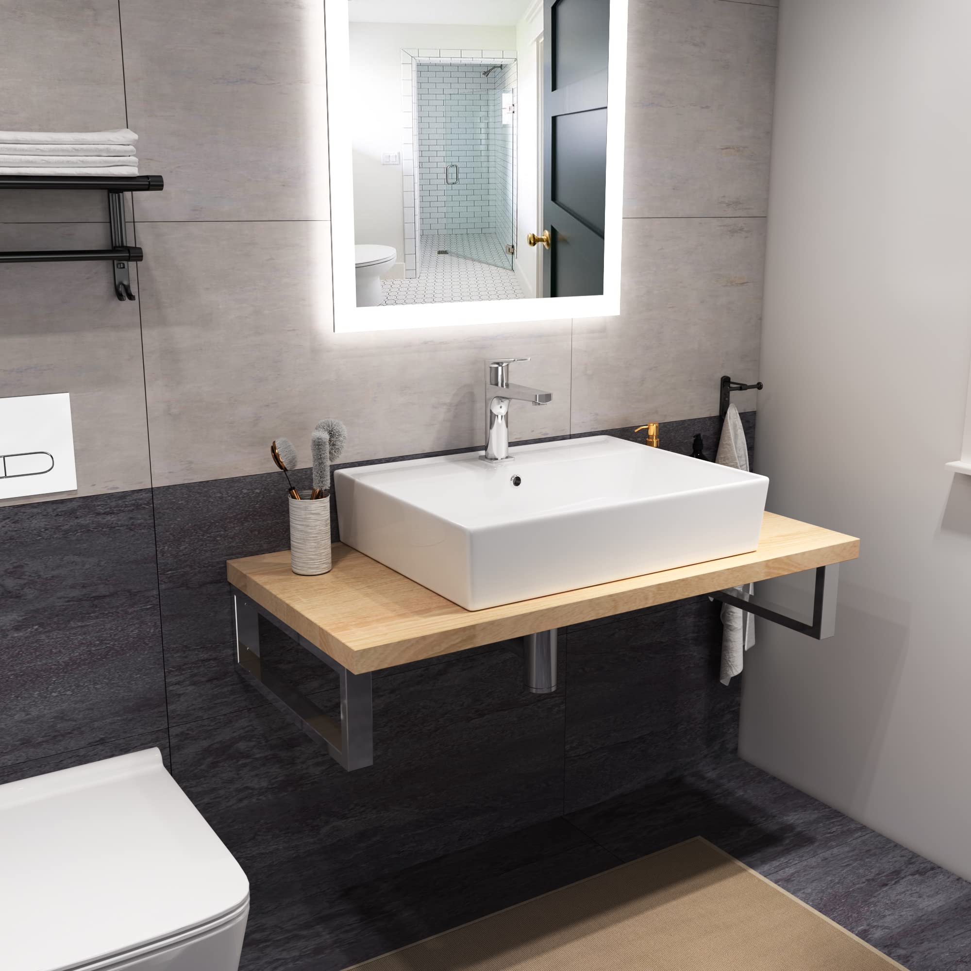 Aqua Bagno | Modernes Waschbecken aus Keramik hängender Waschtisch Aufsatzwaschbecken Handwaschbecken | 55 cm breit