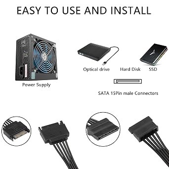 SinLoon 15 Pin SATA Power Splitter Adapter Cable - 1 to 3 SATA Serial Cord for HDD, SSD, Optical Drives (1Male to 3 Female)
