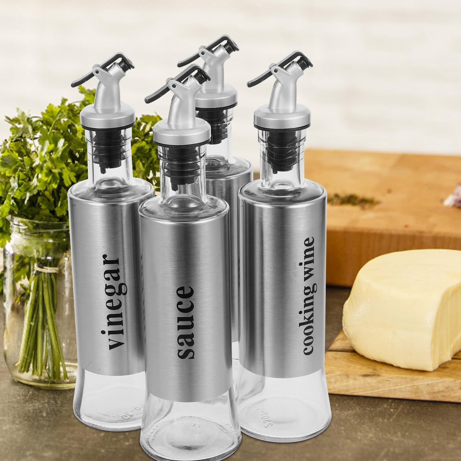 ABOOFAN 4 pezzi Dispenser Olio e Condimenti in Vetro con Beccuccio Antigoccia in Acciaio Resistente Bottiglie per Olio Aceto Salsa di Soia e Vino per Cucina Casa e Ristoranti
