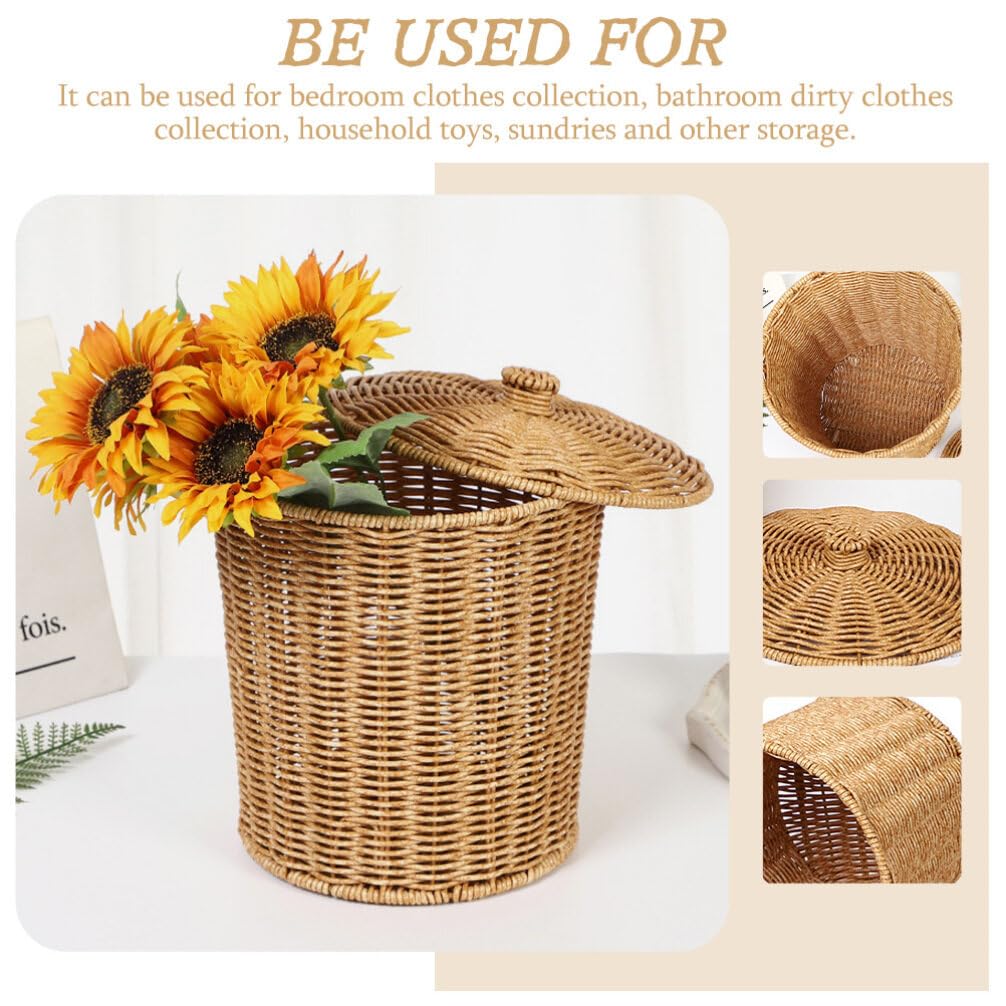 Cabilock Rattan Round Waste Basket with Lid Woven Trash Can Wastebasket Garbage Container Bins Flower Plant Pot Laundry Baskets for Bathroom Kitchen Office Room Home Decor