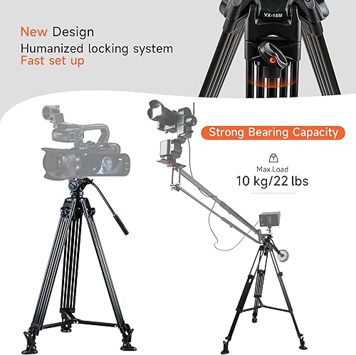 Miniatura 6 de VILTROX Trípode de cámara de video profesional de 74 pulgadas74.0 in con cabezal de arrastre fluido y placa QR, tubo doble de aluminio, para Canon