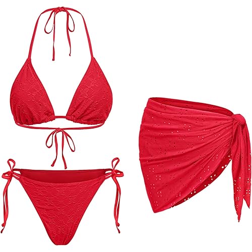 Women 3 Piece Swimsuits - Sexy Triangle Bikini Sets with Cover Up Halter String Tie Side Bathing Suits