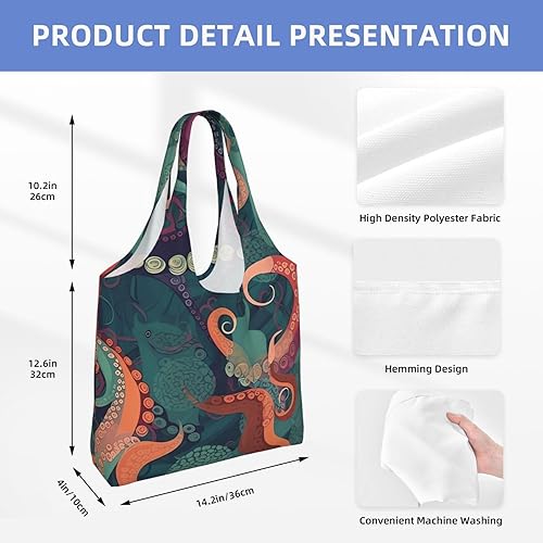 Miniatura 4 de Bolsas de lona con estampado abstracto de pulpo, bolsa de playa grande, bolsa de hombro de lona, bolsas de compras reutilizables, Negro -