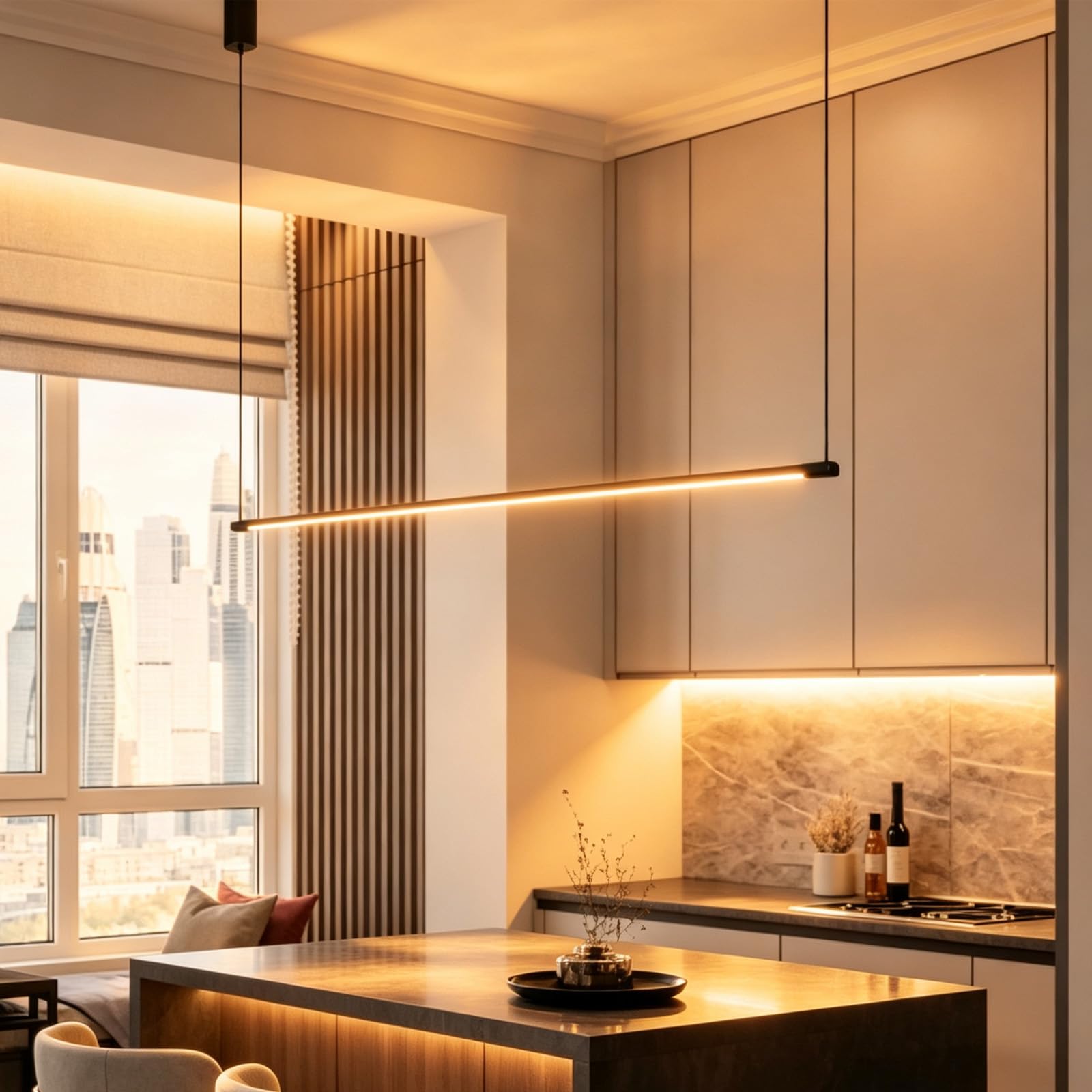 Lang Linear LED Pendellampe Innen Modern Minimalistisch Hängeleuchte Aluminium Eisen Acryl Pendelleuchte Schwarz/Gold 3000K/4000K/6000K für Wohnzimmer Schlafzimmer (140cm,Schwarz Warmes Licht)