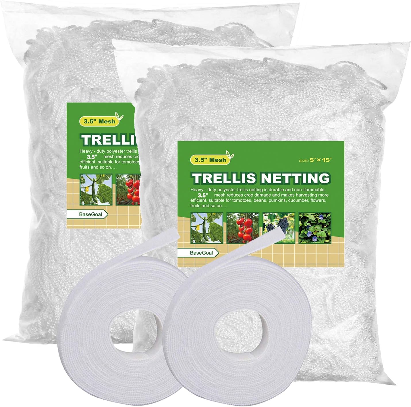 BaseGoal All-Weather Trellis Netting Mesh Plant Garden Vine Growing Flexible String Net (3.5" Mesh 5' x 15'-2Pack)