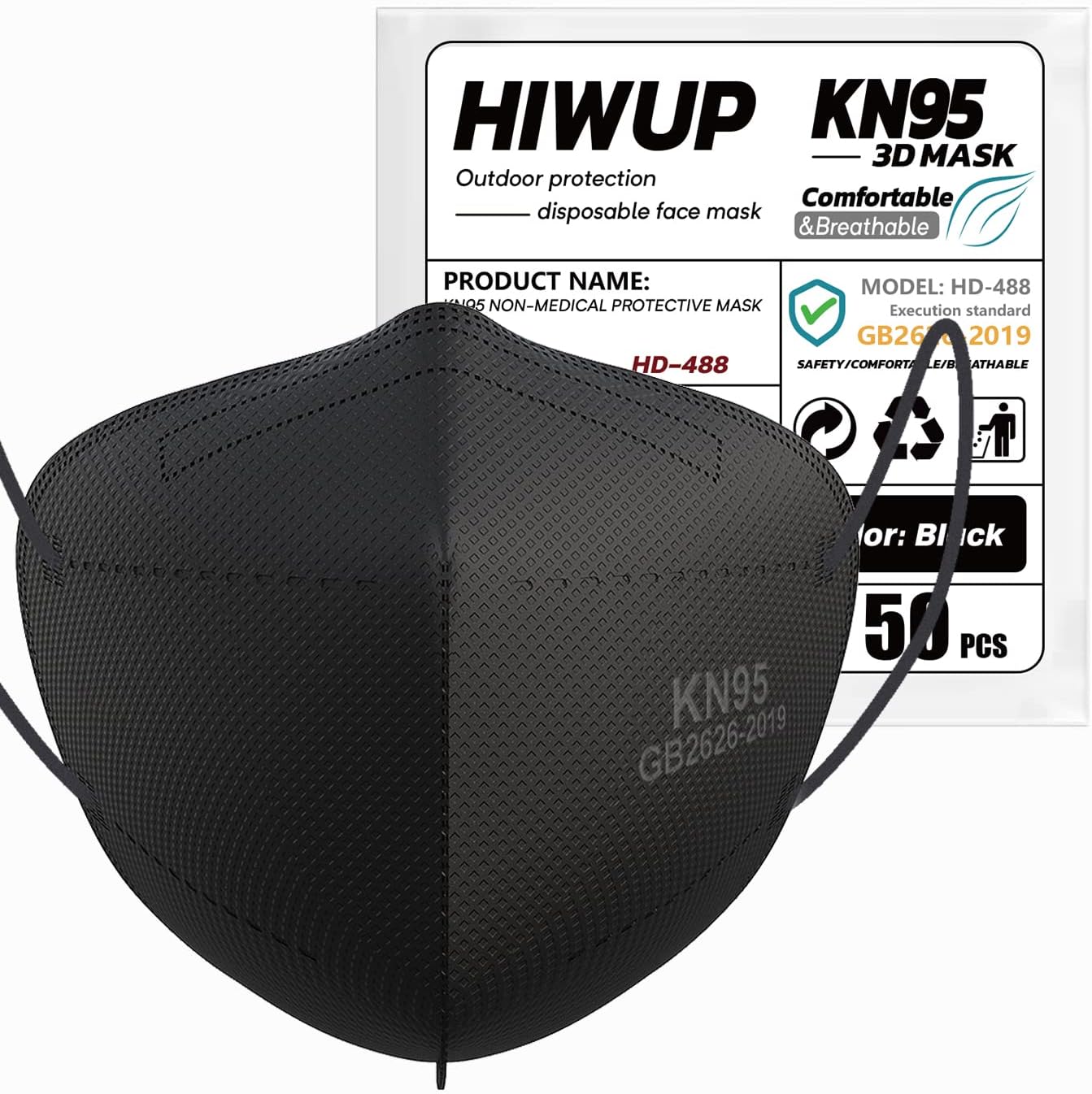 HIWUP KN95 Face Masks 50 Pack, Breathable Disposable 5-Ply KN95 Protection Mask, Black