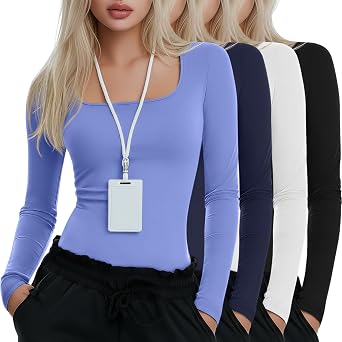 Xaatren 4 Pack Womens Underscrub Shirts Long Sleeve Square Tops Comfort Knit Fitted Layering Undershirts for Nurse