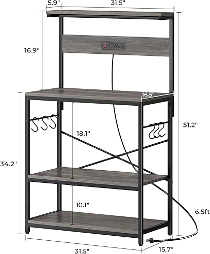 Miniatura 43 de SUPERJARE - Estante de cocina con toma de corriente de 4 niveles, soporte de microondas de cocina con 6 ganchos en forma de S, estante de Marrón