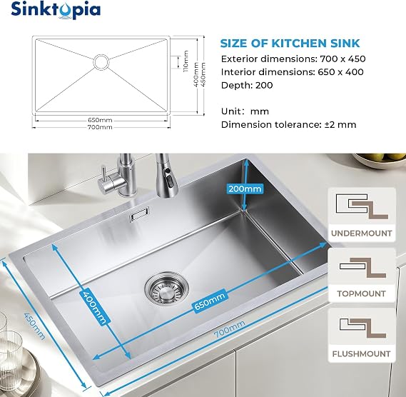 Undermount Stainless Steel Kitchen Sink with Waste Kit Silver 70×45 cm